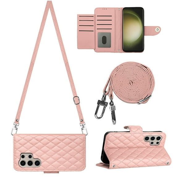 Allytech Wallet Case for Samsung Galaxy S24 Ultra with Card Cash Slots, Luxury Premium PU Leather Kickstand Shoulder Strap Lanyard Shockproof Anti-Fall Full Body Protective Flip Shell - Coralpink