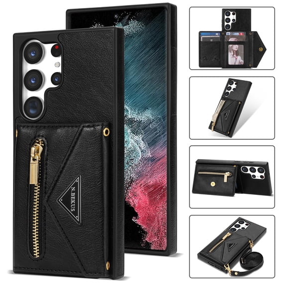 Allytech Wallet Case for Samsung Galaxy S24 Ultra with Card Holder, Crossbody Case Wallet with Zipper Pocket, Shoulder Strap, PU Leather Kickstand Shockproof Case for Women - Black