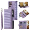 thumbnail image 1 of Allytech Wallet Case for Samsung Galaxy S24 Ultra, [Card Slots] [Zipper Pocket] [Kickstand Function] Grid Pattern PU Leather Shockproof Magnetic Clasp Case with Wrist Strap & Shoulder Strap - Purple, 1 of 11