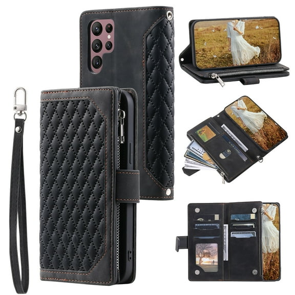 Allytech Wallet Case for Samsung Galaxy S24 Ultra, [Card Slots] [Zipper Pocket] [Kickstand Function] Grid Pattern PU Leather Shockproof Magnetic Clasp Case with Wrist Strap & Shoulder Strap - Black