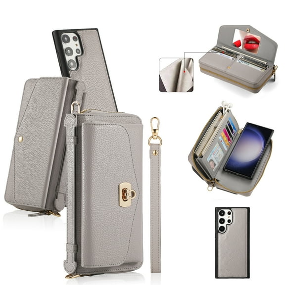 Allytech Wallet Case for Samsung Galaxy S24 Ultra with Card Slots & Zipper Pocket, [RFID Blocking] [Makeup Mirror] [Hand Strap & Shoulder Strap] Luxury PU Leather Protective Magnetic Case, Grey