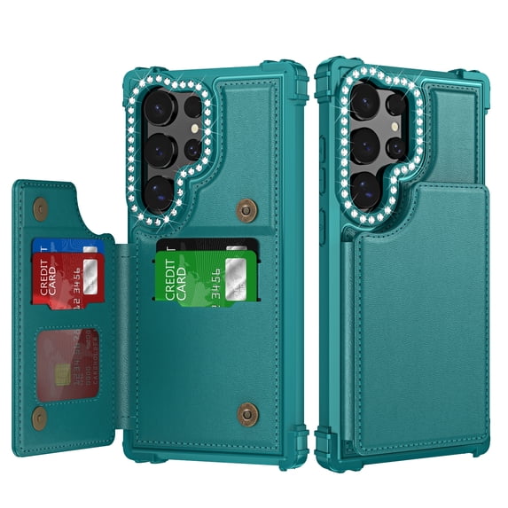 Allytech Wallet Case for Samsung Galaxy S24 Ultra with Credit Card Slots, Kickstand Anti-Fall Shockproof Camera Screen Protection Soft TPU Frame Premium PU Leather Magnetic Clasp Case - Green