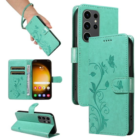 Allytech Wallet Case for Samsung Galaxy S24 Ultra, PU Leather Butterfly Embossed Slim Flip Cover for Girls Women Shockproof Cards Holder Hand Wrist Phone Case for Galaxy S24 Ultra - Green