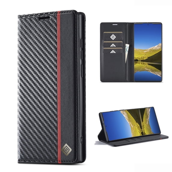 Allytech Wallet Case for Samsung Galaxy S25+, Carbon Fiber PU Leather + Soft TPU Luxury Cover with Kickstand & Card Slots, Magnetic Closure Shockproof Anti-Fall Protective Case, Black-Vertical