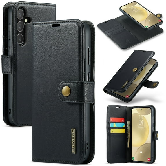 Allytech Wallet Case for Samsung Galaxy S25 Plus with 3 Card Slots & Cash Pocket, 2 in 1 Detachable Strong Magnetic Case, Retro PU Leather Shockproof Magnetic Clasp Slim Protective Shell - Black