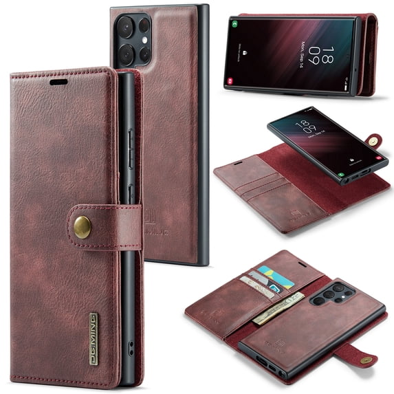 Allytech Wallet Case for Samsung Galaxy S25 Ultra with 3 Card Slots & Cash Pocket, 2 in 1 Detachable Strong Magnetic Case, Retro PU Leather Shockproof Magnetic Clasp Slim Protective Shell - Red