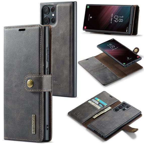 Allytech Wallet Case for Samsung Galaxy S25 Ultra with 3 Card Slots & Cash Pocket, 2 in 1 Detachable Strong Magnetic Case, Retro PU Leather Shockproof Magnetic Clasp Slim Protective Shell - Gray