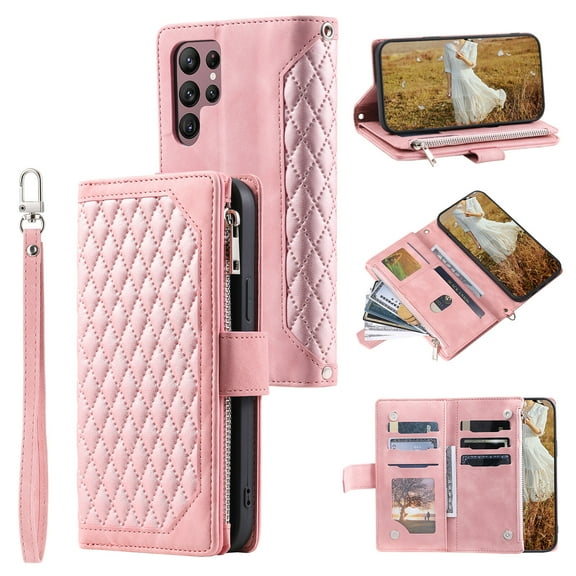 Allytech Wallet Case for Samsung Galaxy S25 Ultra, [Card Slots] [Zipper Pocket] [Kickstand Function] Grid Pattern PU Leather Shockproof Magnetic Clasp Case with Wrist Strap & Shoulder Strap - Rosegold