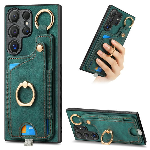 Allytech Wallet Case for Samsung Galaxy S25 Ultra, Support Car Mount, Luxury PU Leather Shockproof Anti-Fall 360° Finger Ring Stand Rotatable Kickstand Case with Magnetic Snap & Card Slots - Green
