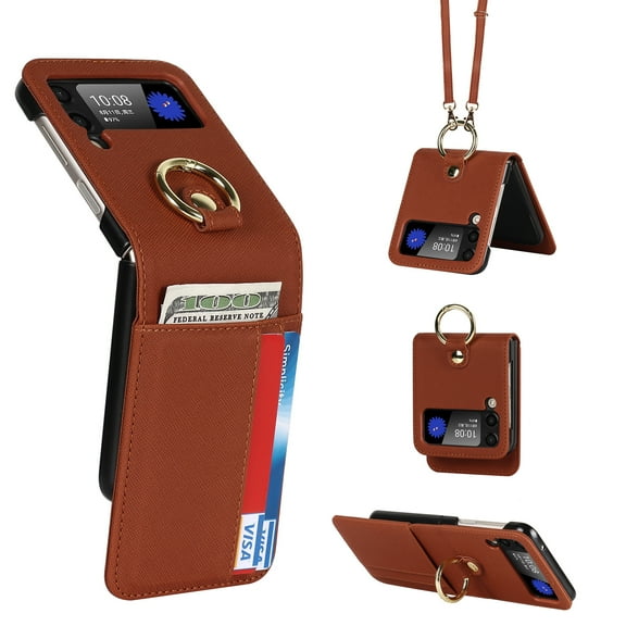 Allytech Wallet Case for Samsung Galaxy Z Flip 3 2021, PU Leather + Hard PC Bumper with Ring Buckle Holder Stand Long Shoulder Strap Case for Galaxy Z Flip 3 5G, Brown