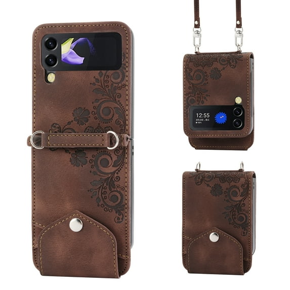 Allytech Wallet Case for Samsung Galaxy Z Flip 3, PU Leater Flower Embossed Shoulder Strap Hand Wrist Stand Shockproof Flip Cover for Samsung Galaxy Z Flip 3 - Brown