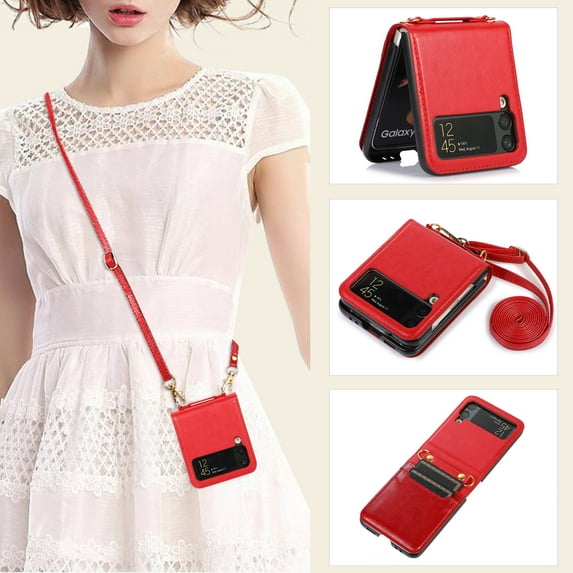 Allytech Wallet Case for Samsung Galaxy Z Flip 4 5G Phone, Premium PU Leather Cards Slots Adjustable Shoulder Strap Wrist Protective Cover Shell for Samsung Galaxy Z Flip 4 2022 - Red