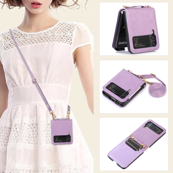 Allytech Wallet Case for Samsung Galaxy Z Flip 4 5G Phone, Premium PU Leather Cards Slots Adjustable Shoulder Strap Wrist Protective Cover Shell for Samsung Galaxy Z Flip 4 2022 - Purple
