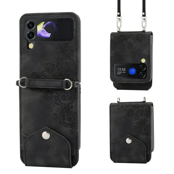 Allytech Wallet Case for Samsung Galaxy Z Flip 4, PU Leater Flower Embossed Shoulder Strap Hand Wrist Stand Shockproof Flip Cover for Samsung Galaxy Z Flip 4 - Black