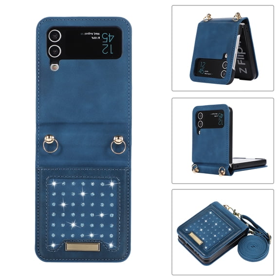 Allytech Wallet Case for Samsung Galaxy Z Flip5, Bling PU Leather RFID Blocking Kickstand Case with Shoulder Strap & Card Slots, Anti-Fall Shockproof Full Body Protection Case for Women Girls, Blue