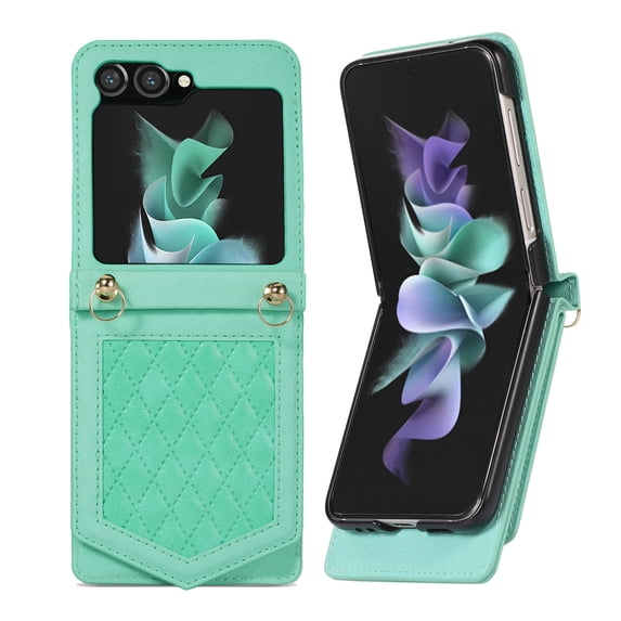 Allytech Wallet Case for Samsung Galaxy Z Flip5 with Hidden Make Up Mirror & Shoulder Strap & Magnetic Button, Premium PU Leather RFID Blocking Kickstand Card Slots Fashion Protective Case - Green