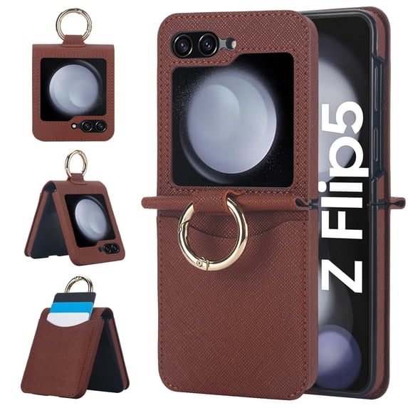 Allytech Wallet Case for Samsung Galaxy Z Flip5 with Ring, Hidden Credit Card Slots, Secure Finger Grip, Luxury PU Leather, Thin Shockproof Cover for Samsung Galaxy Z Flip5 - Brown