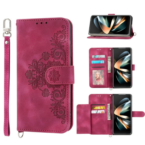 Allytech Wallet Case for Samsung Galaxy Z Fold 4, PU Leater Flower Embossed Shoulder Strap Hand Wrist Stand Shockproof Flip Cover for Samsung Galaxy Z Fold 4 - Winered