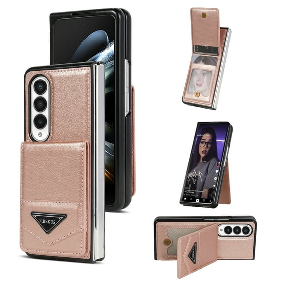 Allytech Wallet Case for Samsung Galaxy Z Fold3, Luxury PU Leather Kickstand Card Slots Magnetic Buckle RFID Blocking Shockproof Anti-Scratch Protective Case for Women Men - Pink