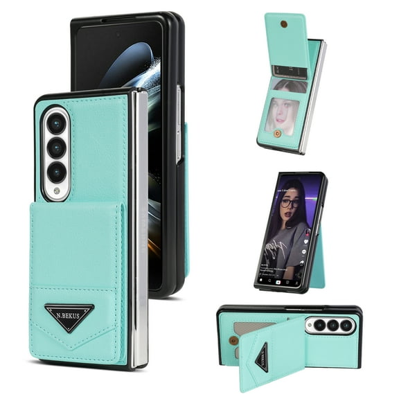 Allytech Wallet Case for Samsung Galaxy Z Fold3, Luxury PU Leather Kickstand Card Slots Magnetic Buckle RFID Blocking Shockproof Anti-Scratch Protective Case for Women Men - Mint
