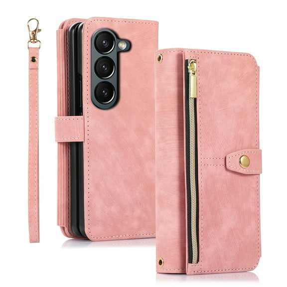 Allytech Wallet Case for Samsung Galaxy Z Fold5, Galaxy Z Fold5 Cover, Zipper Pocket Multiple Cards Holder Hand Wrist Strap Shockproof Phone Case for Galaxy Z Fod 5 - Pink