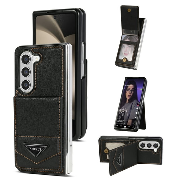 Allytech Wallet Case for Samsung Galaxy Z Fold5, Luxury PU Leather Kickstand Card Slots Magnetic Buckle RFID Blocking Shockproof Anti-Scratch Protective Case for Women Men - Black