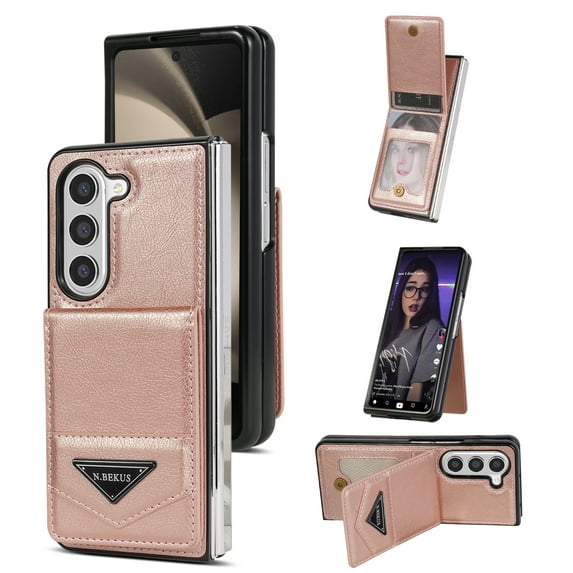 Allytech Wallet Case for Samsung Galaxy Z Fold5, Luxury PU Leather Kickstand Card Slots Magnetic Buckle RFID Blocking Shockproof Anti-Scratch Protective Case for Women Men - Pink