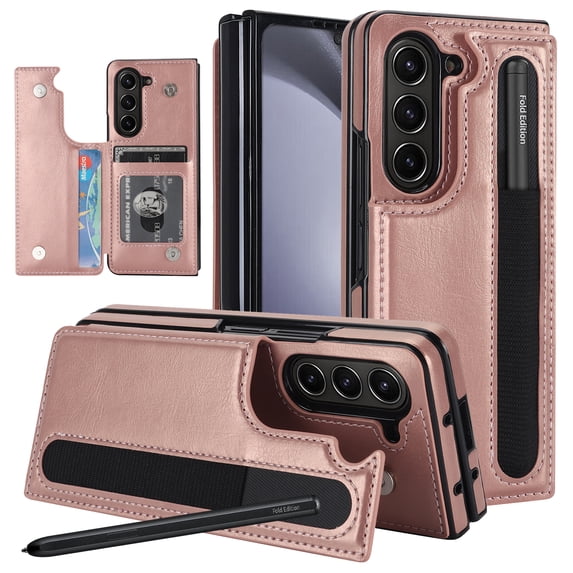 Allytech Wallet Case for Samsung Galaxy Z Fold5 with Pen Holder, Credit Card Slots Thin Slim Premium PU Leather Stand Full Protective Cover Case for Women Men - Rosegold