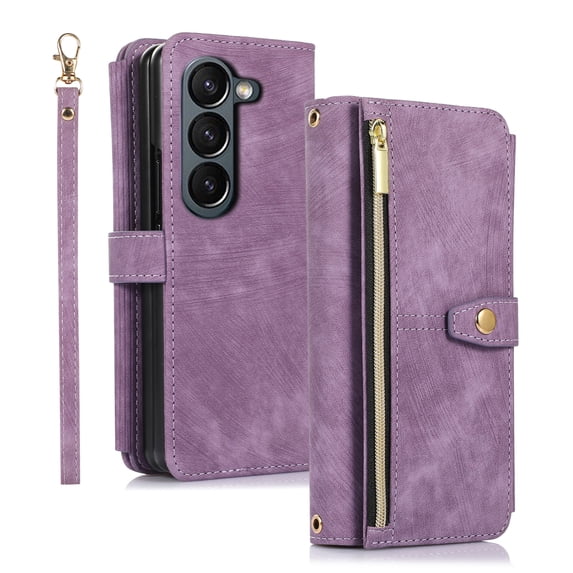 Allytech Wallet Case for Samsung Galaxy Z Fold6, Galaxy Z Fold6 Cover, Zipper Pocket Multiple Cards Holder Hand Wrist Strap Shockproof Phone Case for Galaxy Z Fod 6 - Purple