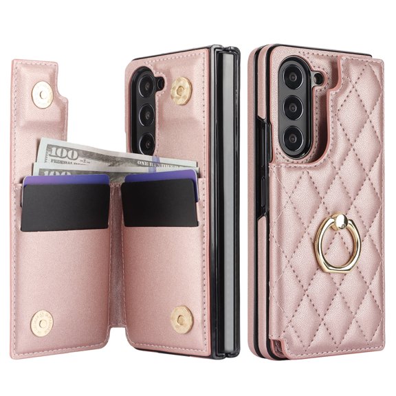 Allytech Wallet Case for Samsung Galaxy Z Fold6, Z Fold6 Wallet Case, Slim Fit Multiple Cards Slots Ring Holder Stand Bumper Shockproof Phone Case for Galaxy Z Fold 6 6G -Rosegold
