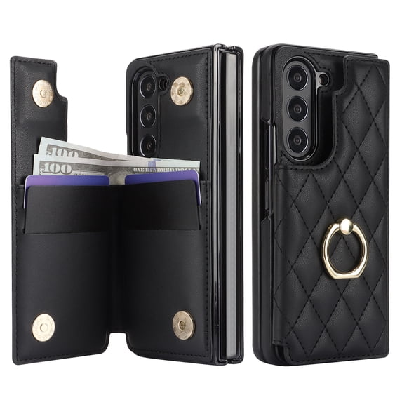 Allytech Wallet Case for Samsung Galaxy Z Fold6, Z Fold6 Wallet Case, Slim Fit Multiple Cards Slots Ring Holder Stand Bumper Shockproof Phone Case for Galaxy Z Fold 6 6G -Black