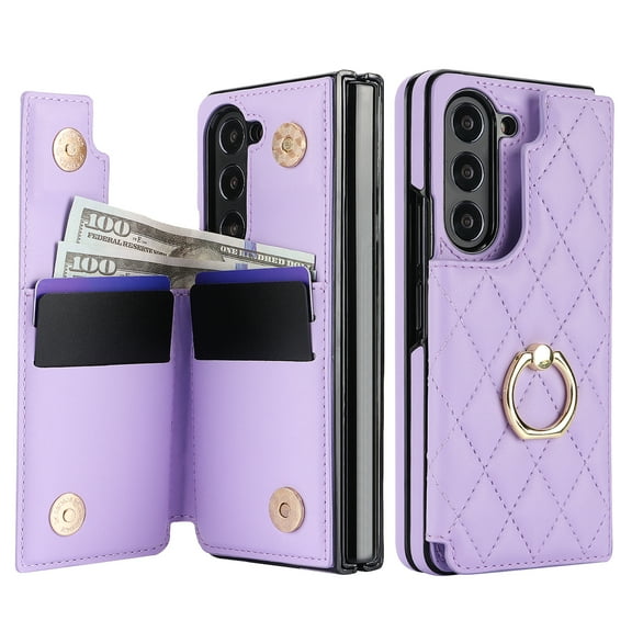 Allytech Wallet Case for Samsung Galaxy Z Fold6, Z Fold6 Wallet Case, Slim Fit Multiple Cards Slots Ring Holder Stand Bumper Shockproof Phone Case for Galaxy Z Fold 6 6G -Purple