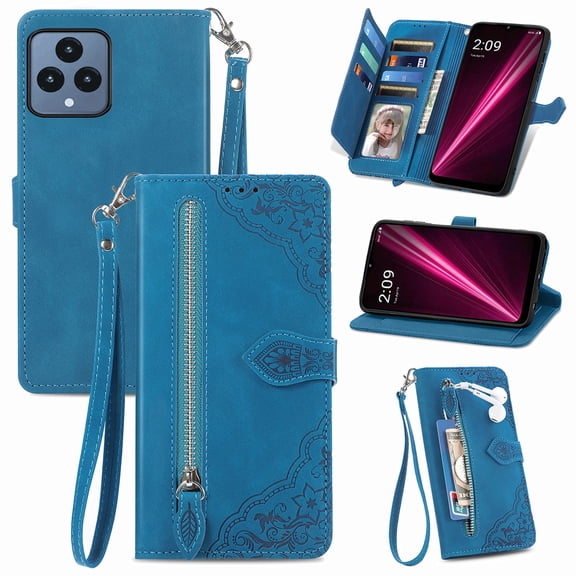 Allytech Wallet Case for T-Mobile REVVL 6 5G, Embossed Luxury PU Leather Flip Case with Kickstand & Card Cash Slots, Slim Zipper Pocket Detachable Wrist Strap Magnetic Clasp Anti-Drop Case - Blue