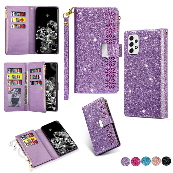 Allytech Wallet Case for Samsung Galaxy S23 FE - Glitter Leather Stand Multiple Cards Holder Hand Wrist Flip Folio Cover Stand - Purple