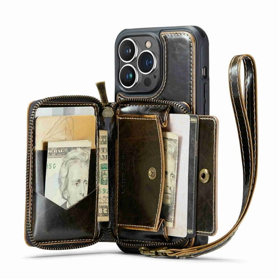 Allytech Wallet Case for iPhone 12 Pro Max, PU Leather Flip Case with Lanyard Strap Wristlet,RFID Credit Card Holder and Zipper Pocket, Coffee