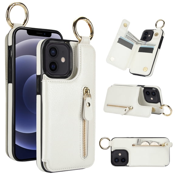 Allytech Wallet Case for iPhone 11, Card Holder & Zipper Pocket, Finger Grip Ring, Screen & Camera Protection, Luxury PU Leather Kickstand Double Buttons Flip Shockproof Case - White