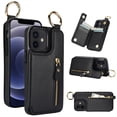 thumbnail image 1 of Allytech Wallet Case for iPhone 11, Card Holder & Zipper Pocket, Finger Grip Ring, Screen & Camera Protection, Luxury PU Leather Kickstand Double Buttons Flip Shockproof Case - Black, 1 of 9