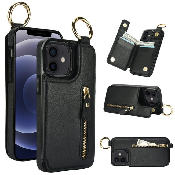 Allytech Wallet Case for iPhone 11, Card Holder & Zipper Pocket, Finger Grip Ring, Screen & Camera Protection, Luxury PU Leather Kickstand Double Buttons Flip Shockproof Case - Black