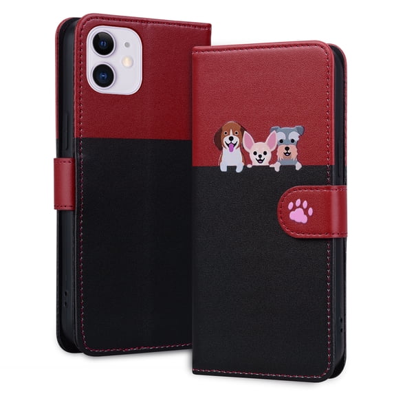 Allytech Wallet Case for iPhone 11 with Cute Cartoon Pattern, 3 Card Slots + 1 Cash Slot + Wrist Strap, Premium PU Leather Stand Magnetic Clasp Shockproof Protective Case, Black
