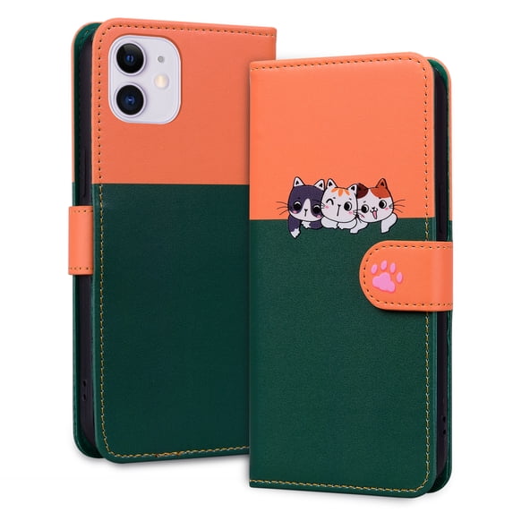 Allytech Wallet Case for iPhone 11 with Cute Cartoon Pattern, 3 Card Slots + 1 Cash Slot + Wrist Strap, Premium PU Leather Stand Magnetic Clasp Shockproof Protective Case, Darkgreen
