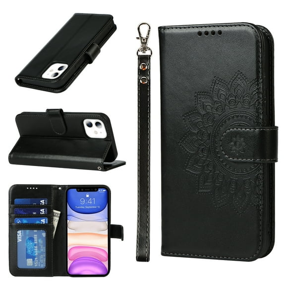 Allytech Wallet Case for iPhone 11,Magnetic Closure Folio Flip Card Slots Embossed PU Leather Full Protection Kickstand Phone Cover with Hand Strap,Black