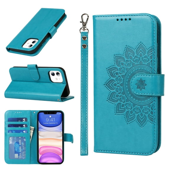 Allytech Wallet Case for iPhone 11,Magnetic Closure Folio Flip Card Slots Embossed PU Leather Full Protection Kickstand Phone Cover with Hand Strap,Blue