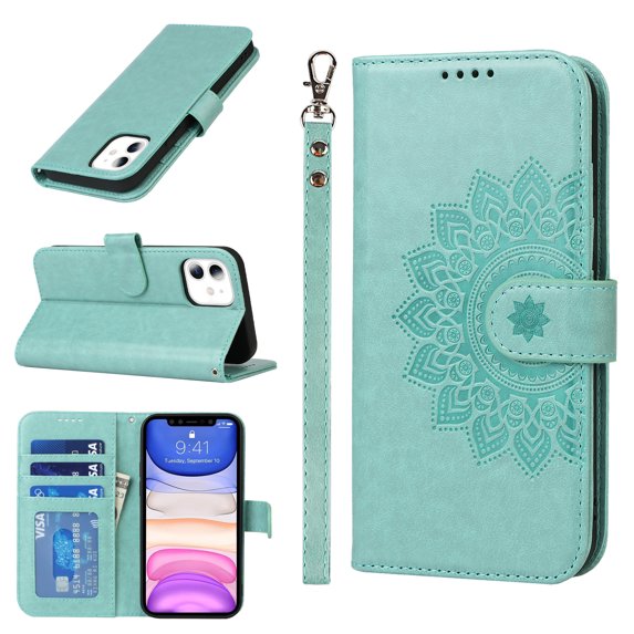 Allytech Wallet Case for iPhone 11,Magnetic Closure Folio Flip Card Slots Embossed PU Leather Full Protection Kickstand Phone Cover with Hand Strap,Green