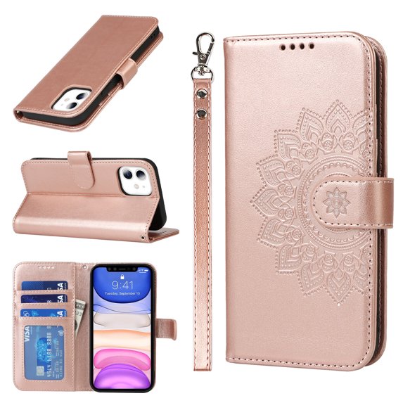 Allytech Wallet Case for iPhone 11,Magnetic Closure Folio Flip Card Slots Embossed PU Leather Full Protection Kickstand Phone Cover with Hand Strap,Rosegold