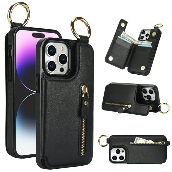 Allytech Wallet Case for iPhone 11 Pro Max, Card Holder & Zipper Pocket, Finger Grip Ring, Screen & Camera Protection, Luxury PU Leather Kickstand Double Buttons Flip Shockproof Case - Black