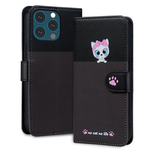 Allytech Wallet Case for iPhone 11 Pro Max with Cute Cartoon Pattern, 3 Card Slots + 1 Cash Slot + Wrist Strap, Premium PU Leather Stand Magnetic Clasp Shockproof Protective Case, Darkgray