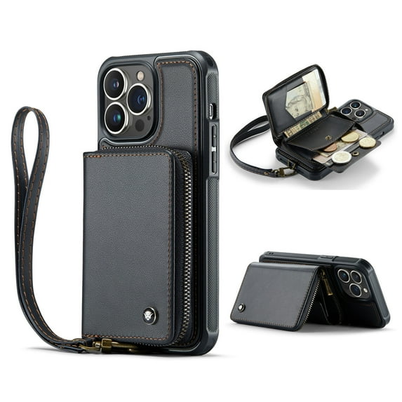 Allytech Wallet Case for iPhone 12/12 Pro 6.1 inch,Luxury PU Leather Soft TPU Zipper Card Pocket Slots Kickstand Shockproof 360 Protection Back Cover with Wrist Strap.For iPhone 12 Pro/12 6.1",Black