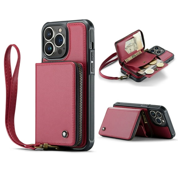 Allytech Wallet Case for iPhone 12/12 Pro 6.1 inch,Luxury PU Leather Soft TPU Zipper Card Pocket Slots Kickstand Shockproof 360 Protection Back Cover with Wrist Strap.For iPhone 12 Pro/12 6.1",Red