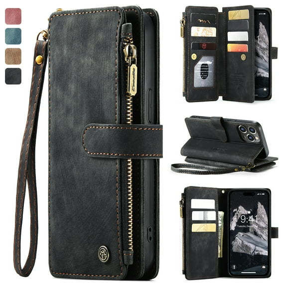 Allytech Wallet Case for iPhone 12 Mini, Card Slots + Cash Slot + Zipper Pocket Large Capacity PU Leather Case with Hand Strap, [All-Round Shockproof] Wireless Charging Kickstand Case, Black