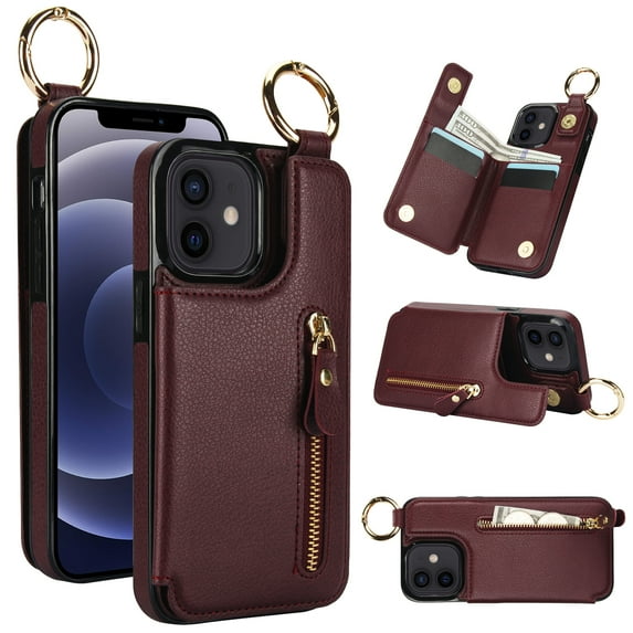 Allytech Wallet Case for iPhone 12 Pro / 12 6.1", Card Holder & Zipper Pocket, Finger Grip Ring, Screen & Camera Protection, Luxury PU Leather Kickstand Double Buttons Flip Shockproof Case - Jujubered